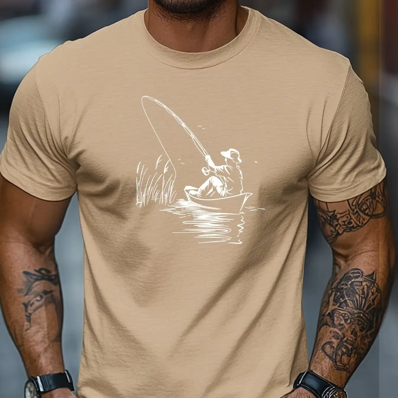 T-shirt à manches courtes pour homme avec motif bateau et pêche, en 100 % coton, col rond