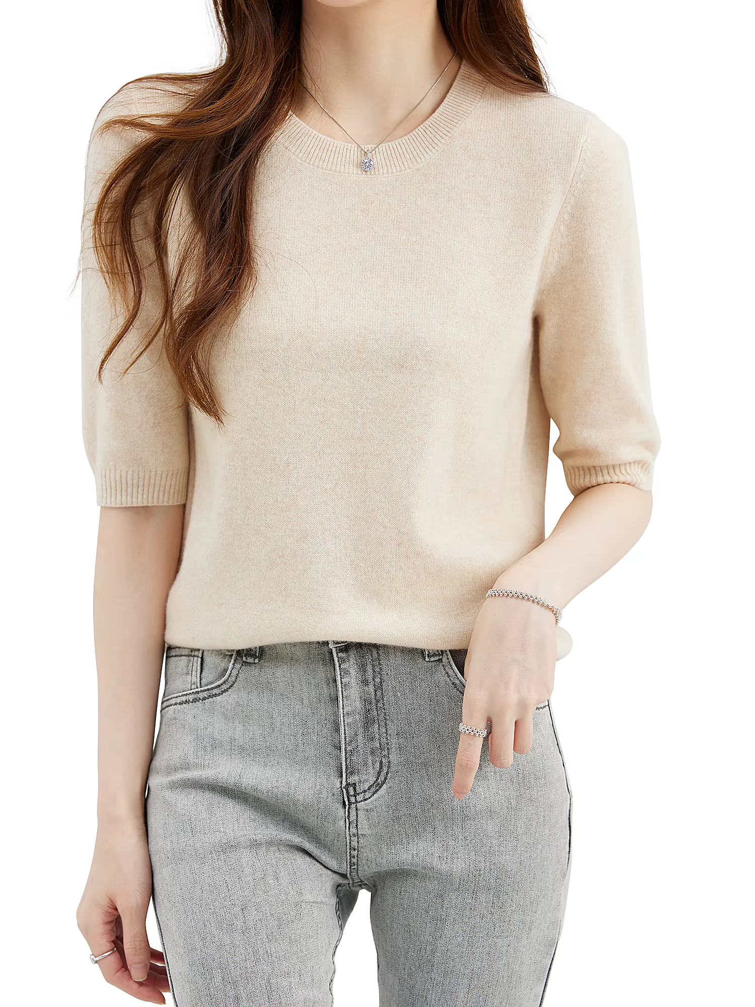 Pull ras du cou en laine mérinos pour femme, pull à manches courtes, pulls en tricot, vêtements fémi