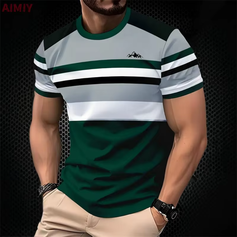 T-shirt imprimé rayé pour hommes, décontracté, col rond, manches courtes, à la mode, pour l'extérieu