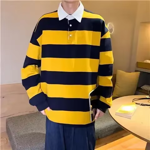Polo à manches longues pour hommes, vêtements à rayures jaunes et blanches, nouvelle tendance social