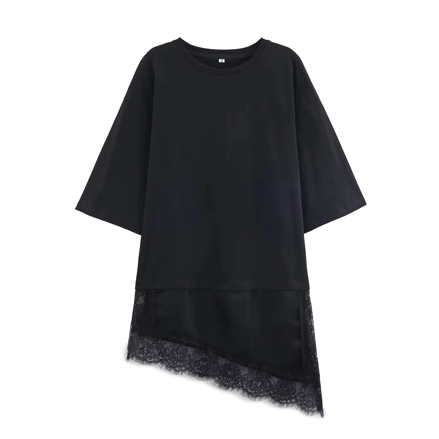 T-shirt asymétrique à col rond et manches courtes pour femme, style vintage avec patchwork en dentel