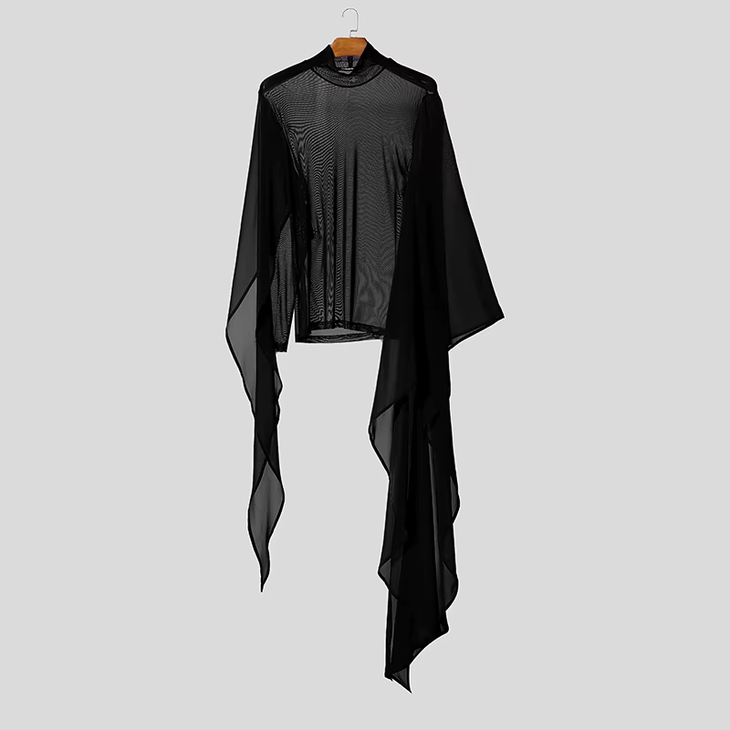 INCERUN hommes t-shirt maille Patchwork voir à travers col roulé à manches longues hommes vêtements 