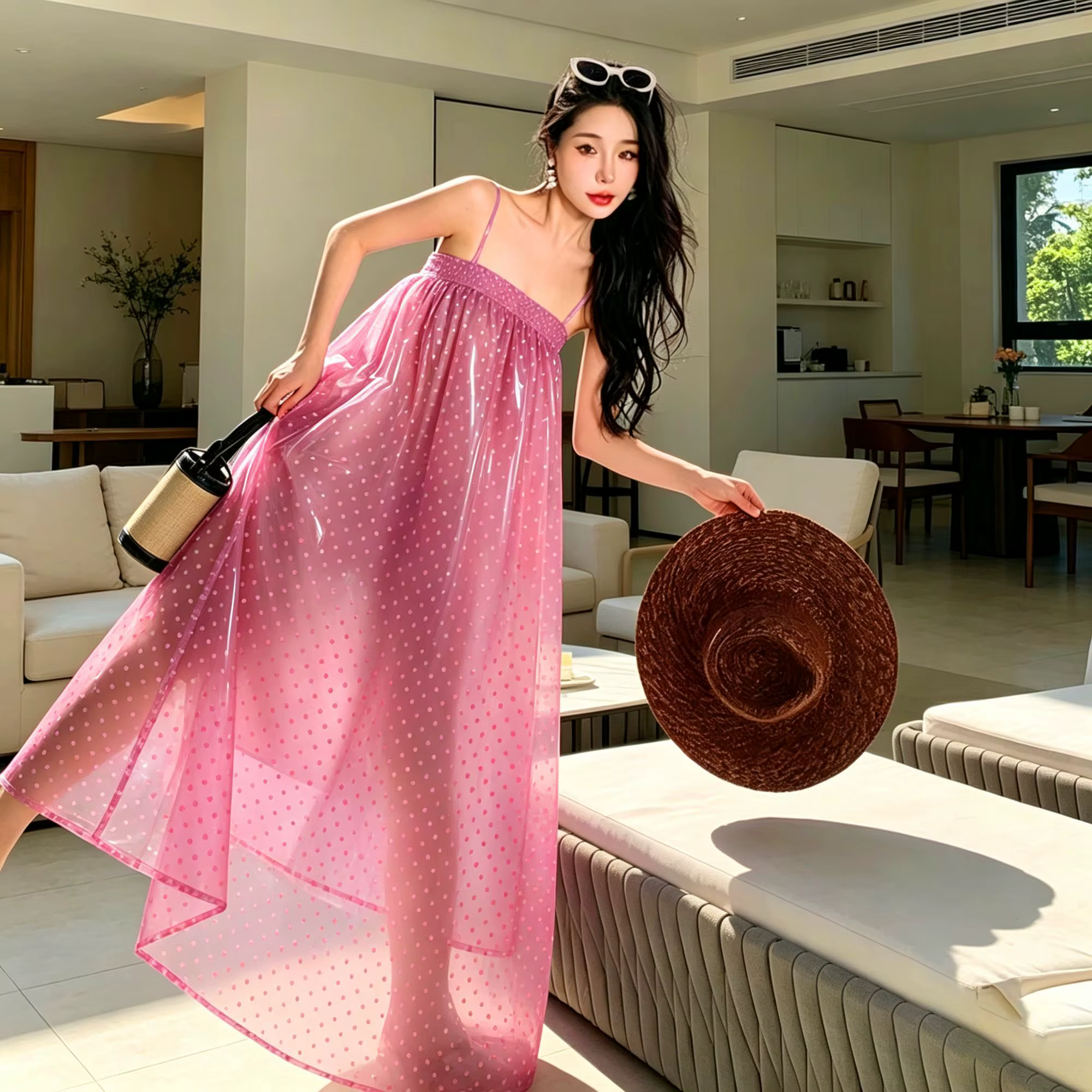 Jupe longue en PVC imperméable pour femme, sexy, élastiquée, transparente, style robe à bretelles, c