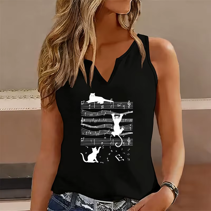 Débardeur sans manches col en V décontracté avec motif chat musical amusant pour femme, T-shirt à ma