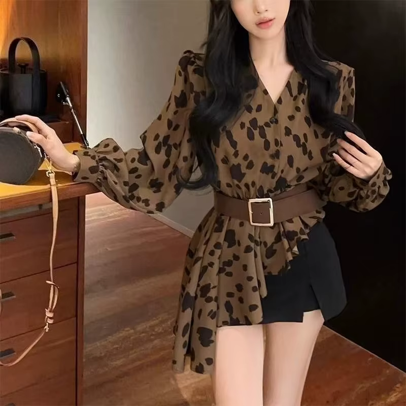 Chemisier Vintage imprimé léopard pour femmes, manches longues, coupe ample, avec ceinture à nouer à