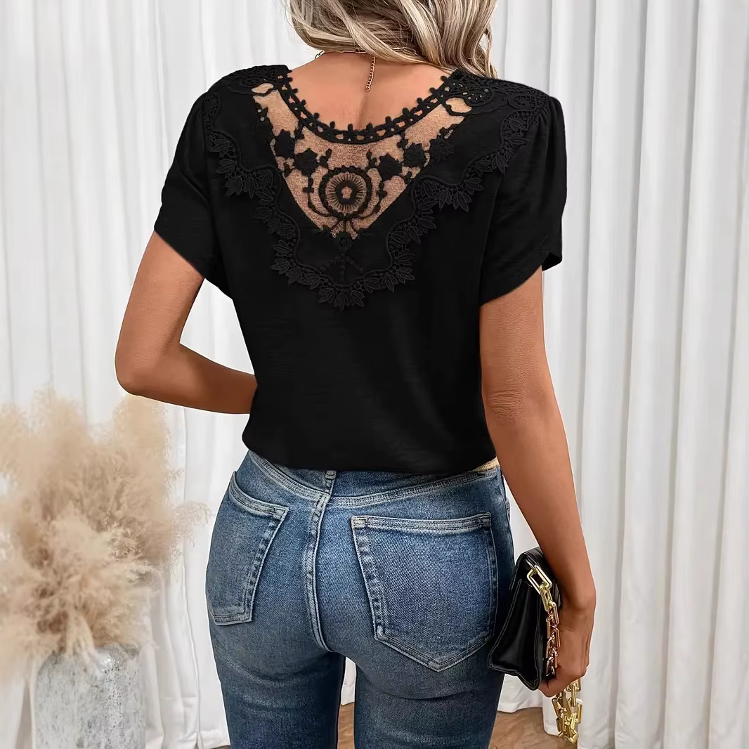 T-shirt femme 2026, nouvelle mode, col en V, double couche, manches courtes à volants, ajouré, vêtem