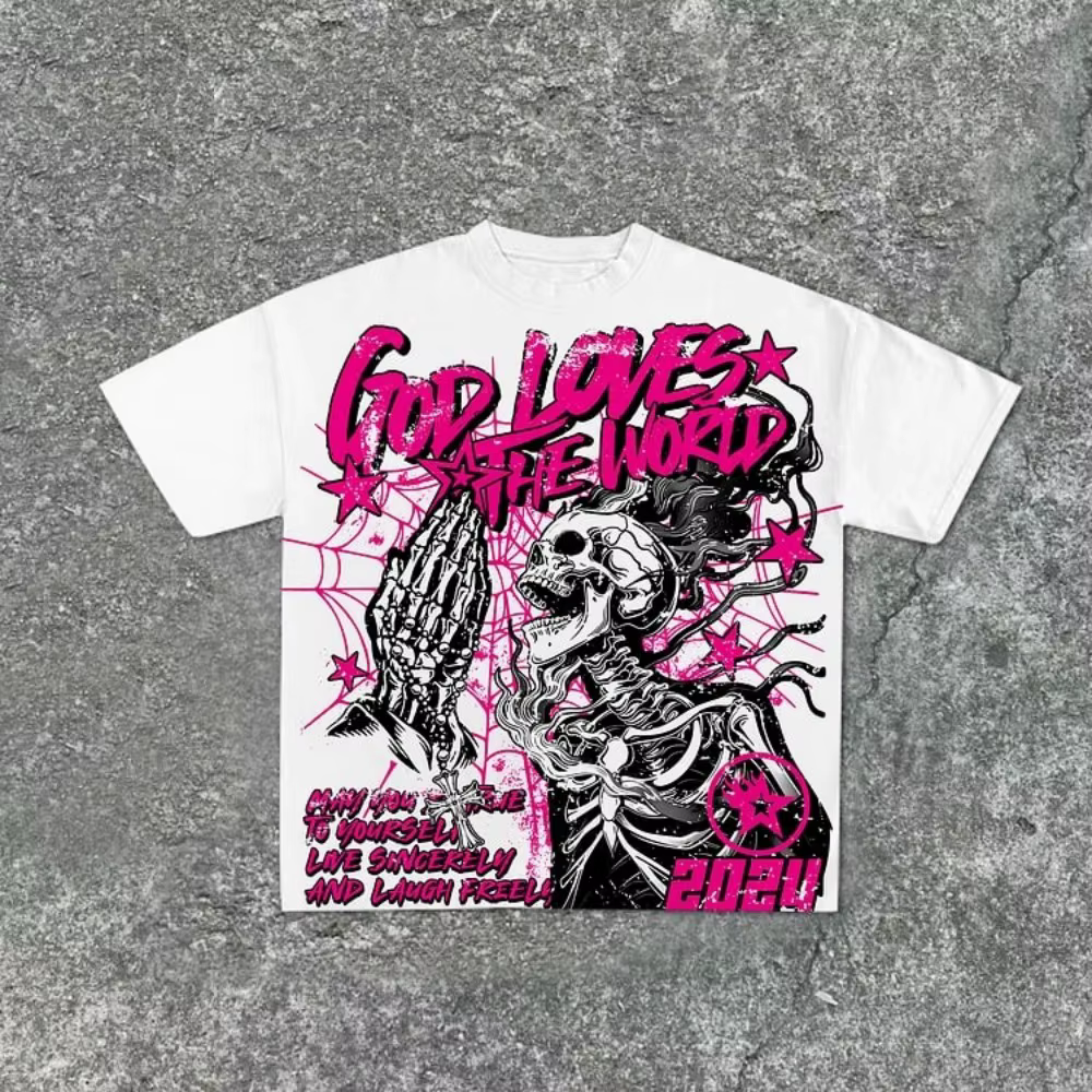 T-shirt col rond pour hommes, imprimé graffiti de crâne personnalisé, confortable et respirant, haut