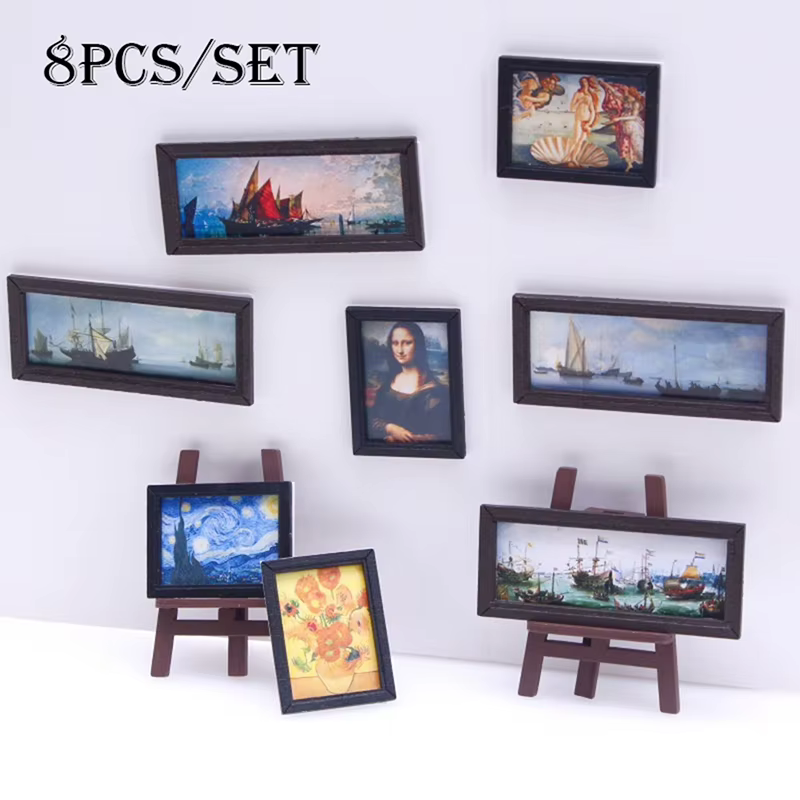 8 pièces/ensemble 1:12 Miniatures de tableaux à l'huile vintage, photos murales, décorations de scèn