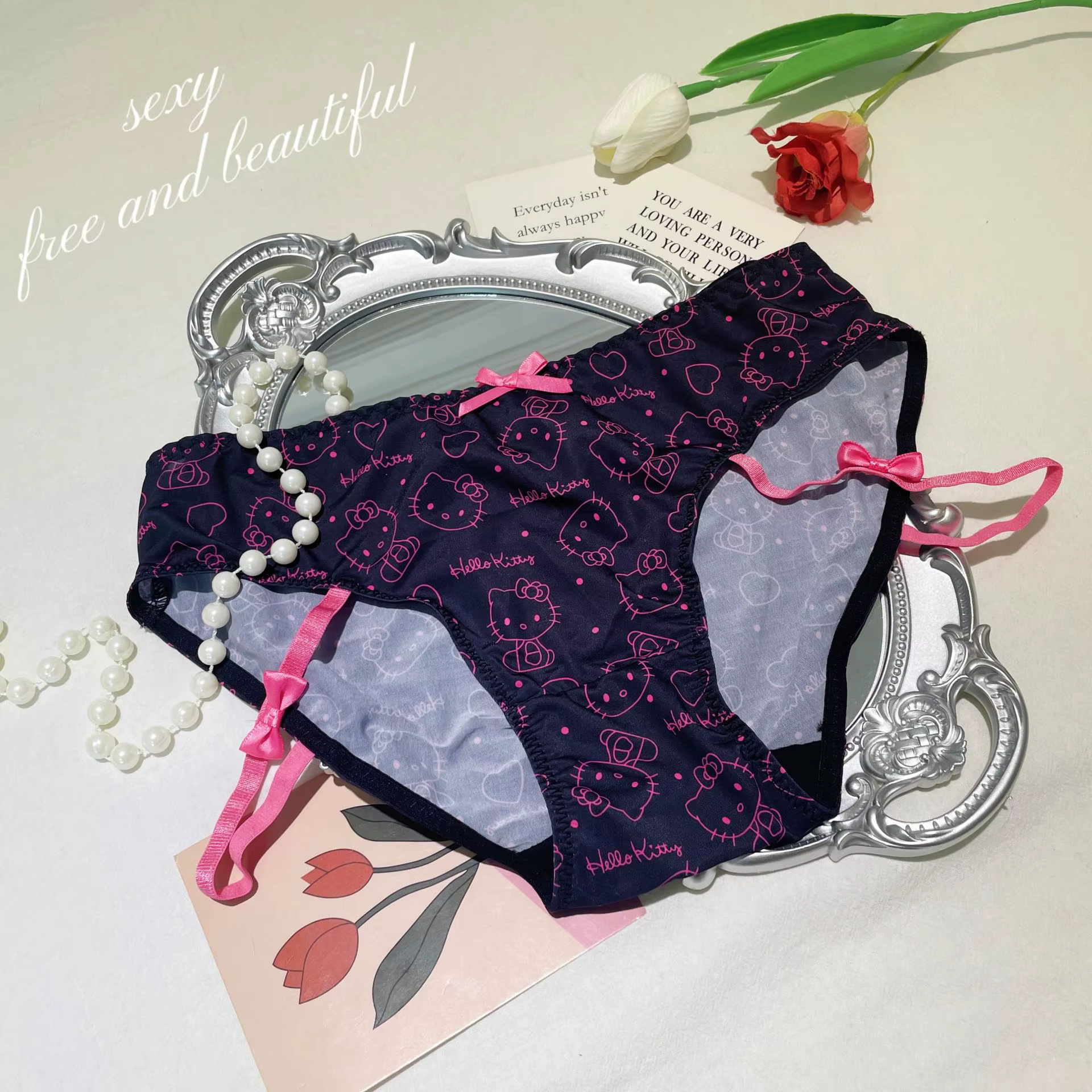 Culottes à Bretelles Motif Hello Kitty Mignonnes pour Femmes, Sous-vêtements Creux à Nœud Confortabl
