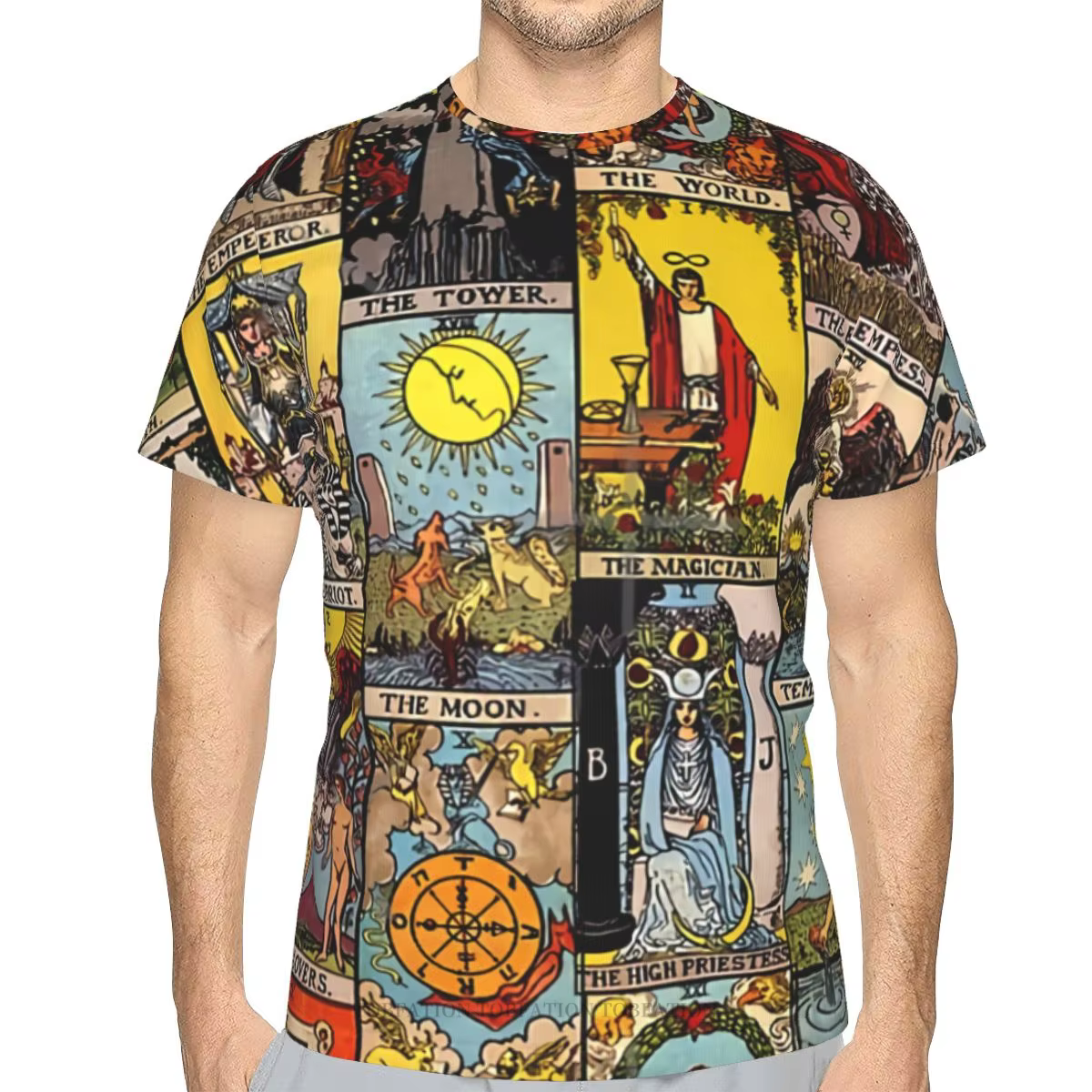 T-shirt manches courtes col rond homme, Streetwear, carte de Tarot mystère The Major arcanes imprimé