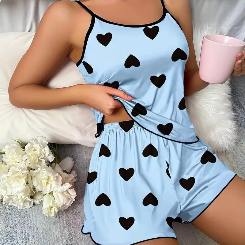 Ensemble pyjama pour femmes, T-Shirts et shorts, T-Shirt rose imprimé en forme de cœur, col rond, ha