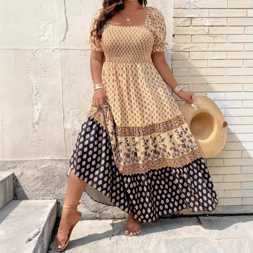 Robe à manches courtes imprimée bohème, grande taille, motif imprimé en Fiber de Polyester, vêtement