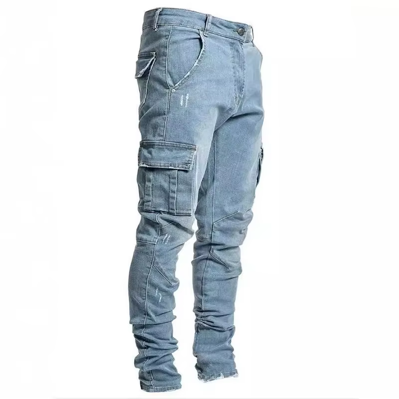 Jeans en denim élastique pour hommes, pantalon cargo multi-poches, coupe slim décontractée, jogging 