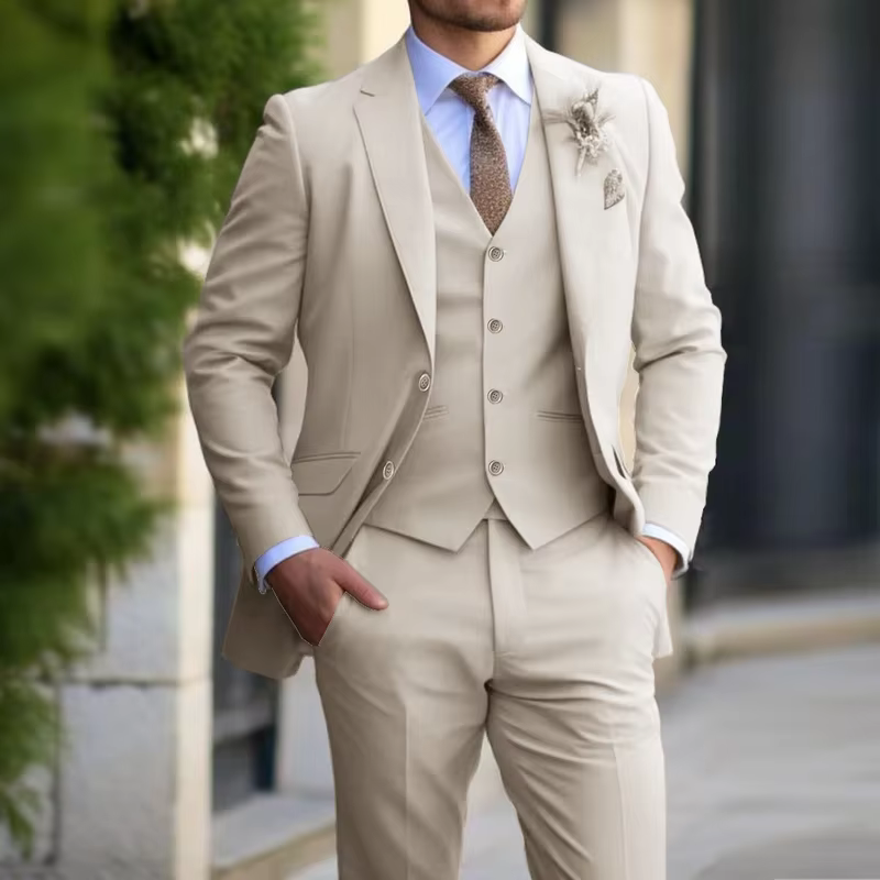 Costume Beige pour hommes, Tuxedos d'affaires, ensemble formel 3 pièces, veste, gilet, pantalon, sim