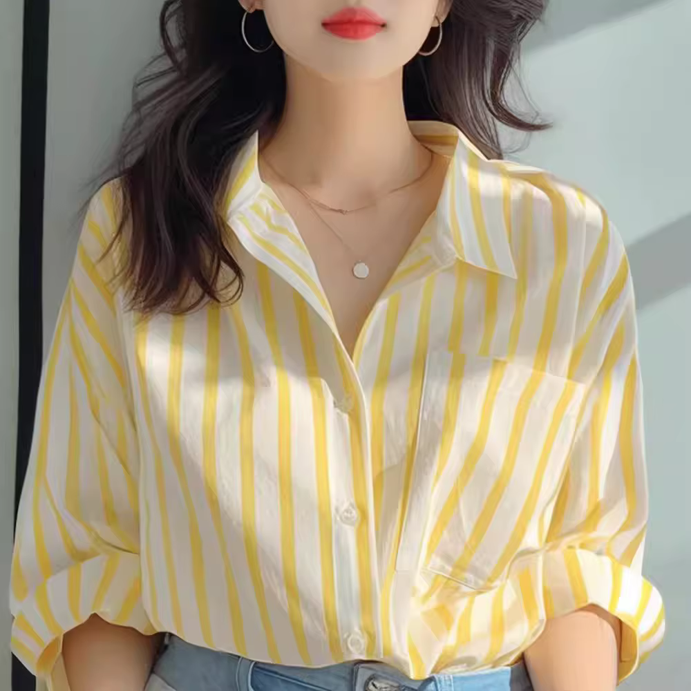 Chemise à rayures verticales jaunes et blanches pour femmes, nouvelle chemise européenne décontracté