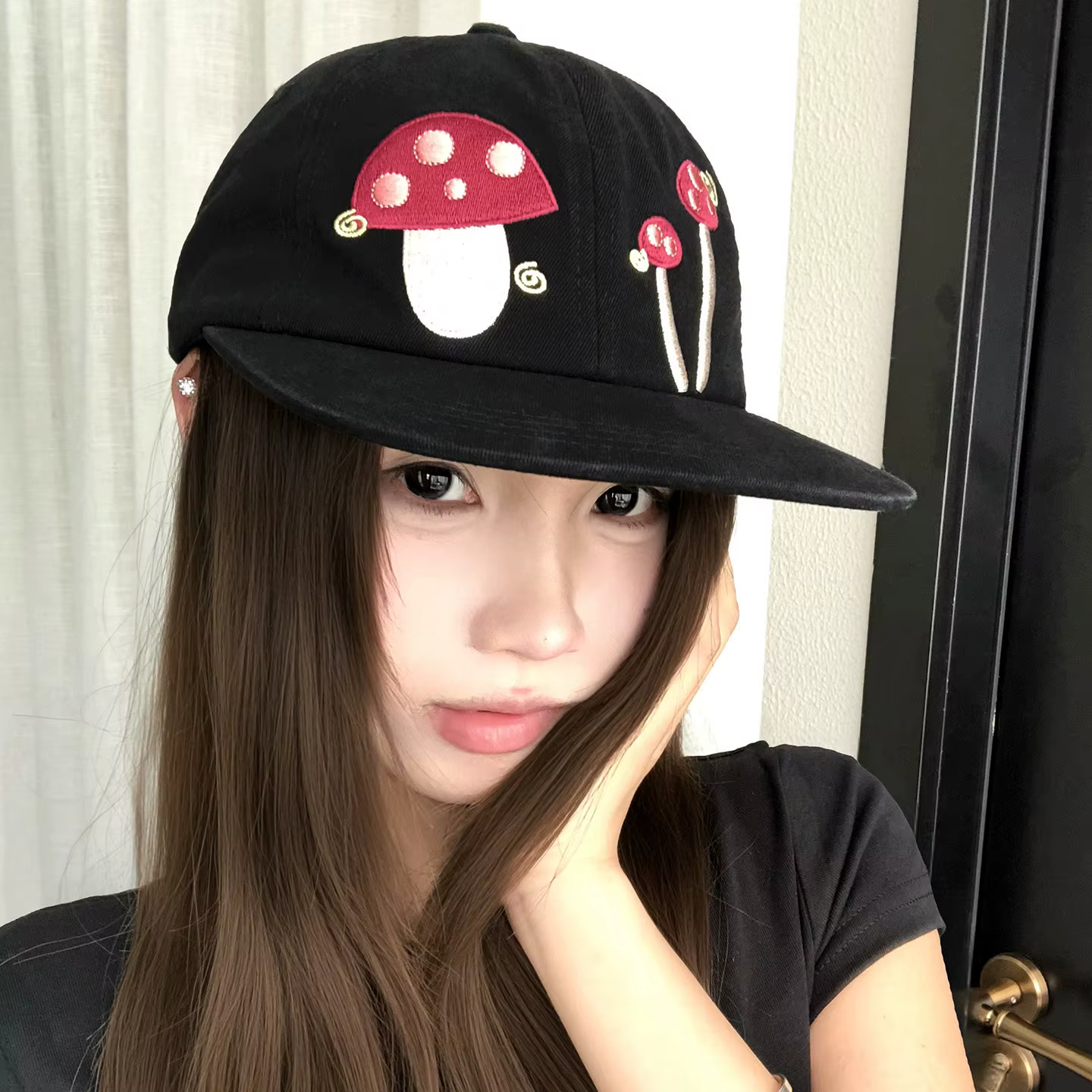 Casquette de baseball brodée motif champignon, souple, à visière plate, pour femme, style marin, pet