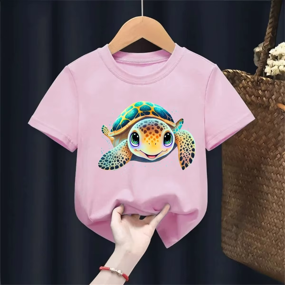 T-shirt imprimé tortue de mer pour filles/garçons, vêtements d'été Harajuku pour enfants, rose/jaune