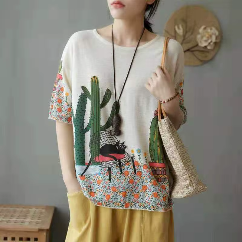 T-shirts en tricot pour femmes, col rond, coupe ample, tendance estivale, imprimé cactus, t-shirt te