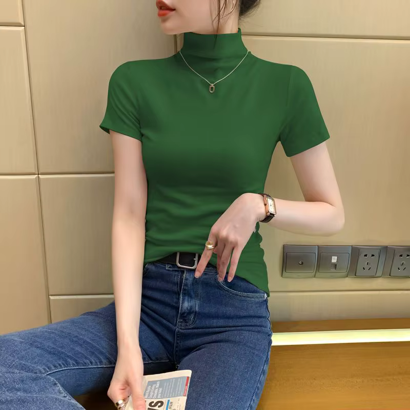 Nouveau 2025 été nouveauté bleu col roulé T-Shirt pour femmes à manches courtes décontracté haut aju