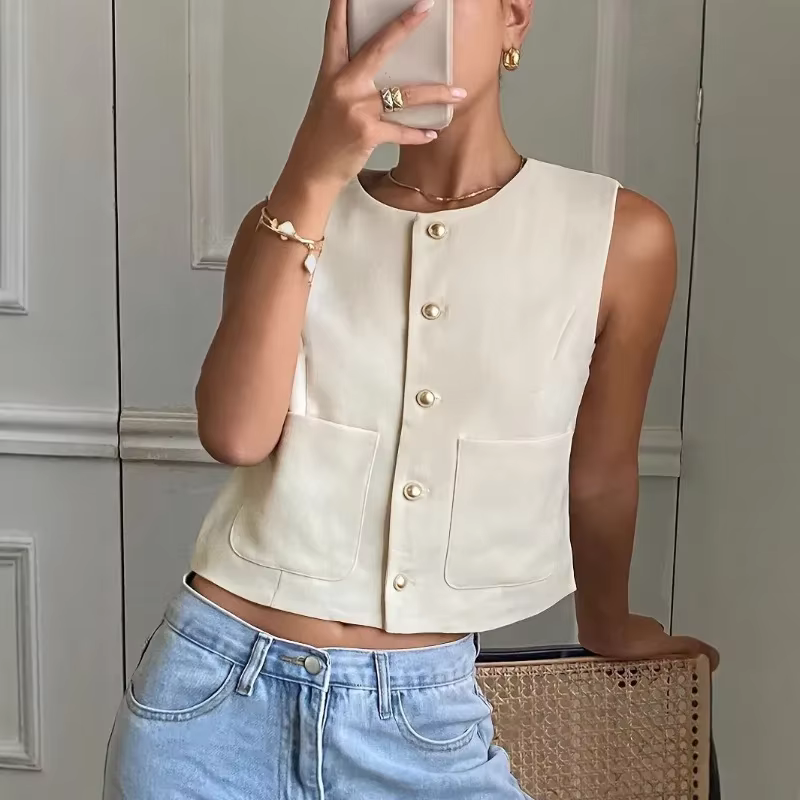 Débardeurs et hauts courts pour femme, d'été, sans manches, boutonnés, style bureau décontracté, vin
