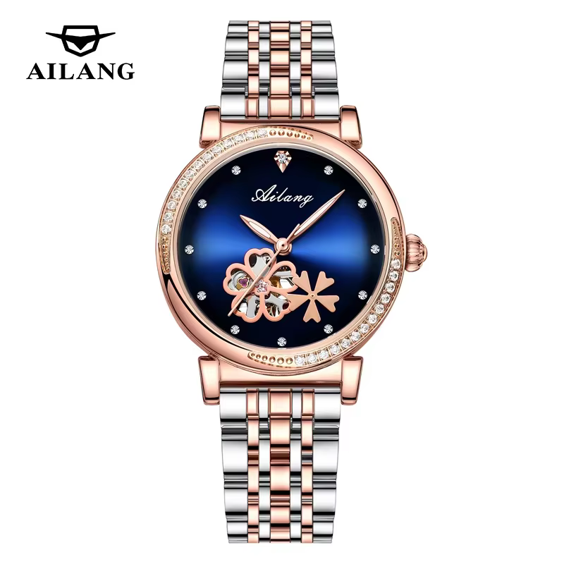 Montre-bracelet automatique élégante pour femme AILANG en acier inoxydable squelette avec strass, se