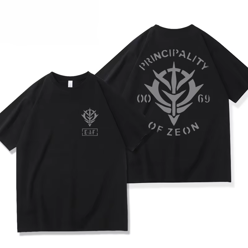 T-shirt avec logo du Principat de Zeon, t-shirt noir style anime Gundam, streetwear décontracté pour