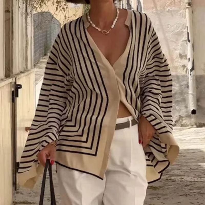 Chemise à manches longues 2026 Printemps/Été Rayée Ample Cardigan pour femme