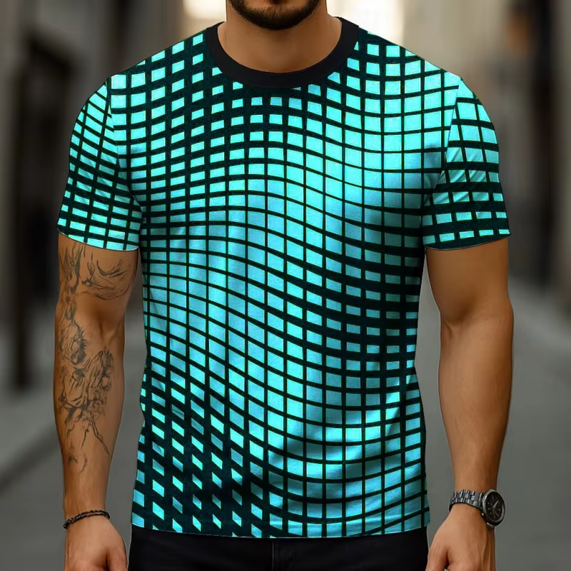T-Shirt à motif de grille amusant pour hommes, géométrie colorée, imprimé en 3D, décontracté, col ro