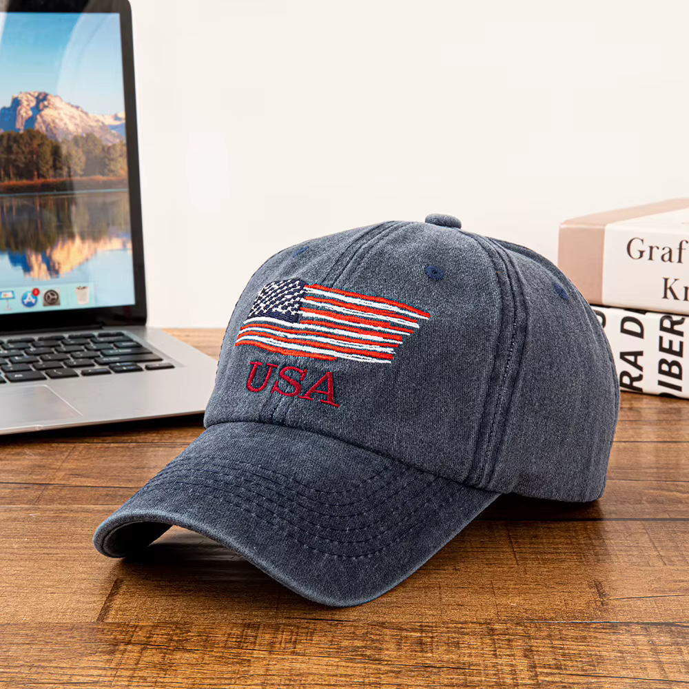 Casquette de baseball en coton lavé brodée drapeau américain USA pour hommes et femmes, style vintag