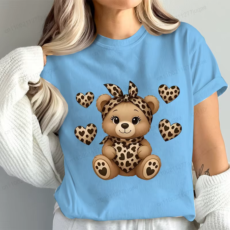 T-shirt Femme Léopard Ours Anime Mignon Mode Décontractée T-shirts Graphiques Manches Courtes Hauts 