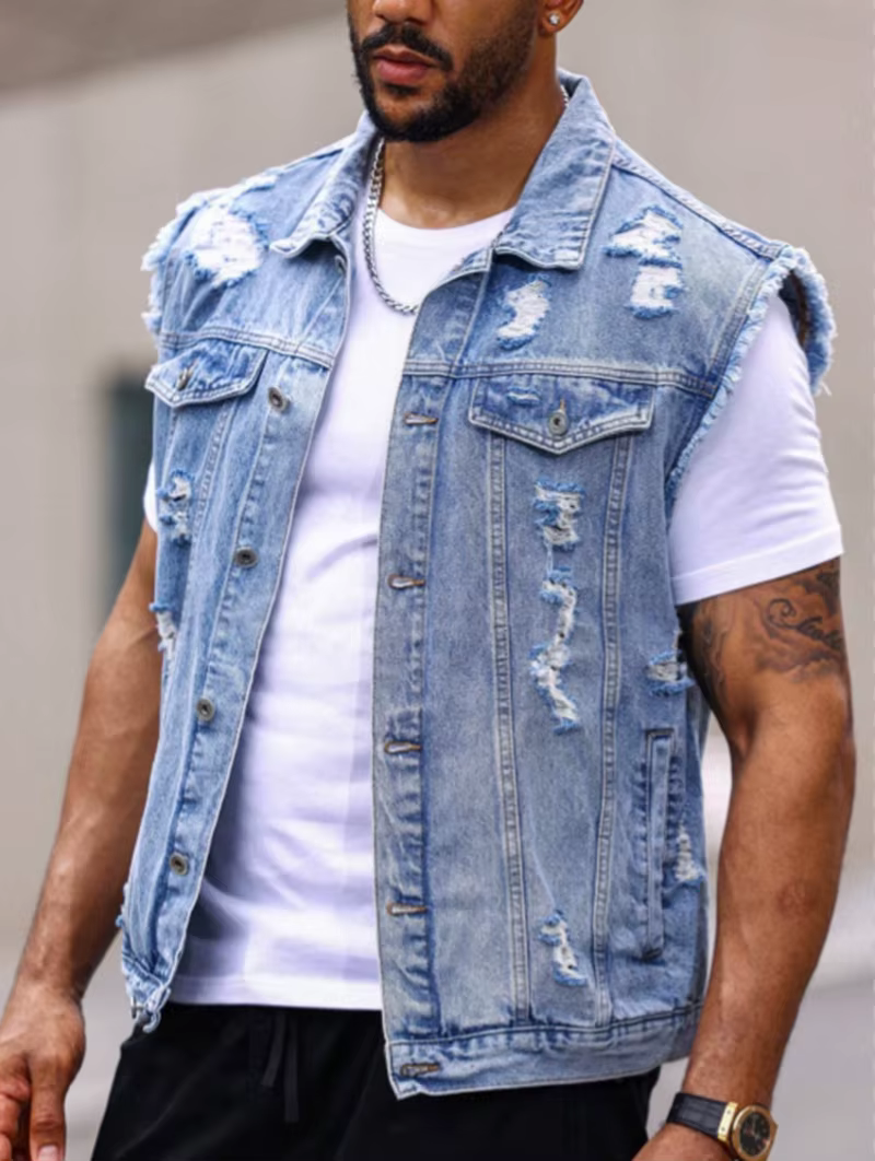 Gilet en jean déchiré pour homme, coupe ample, veste sans manches en jean délavé avec bords effiloch
