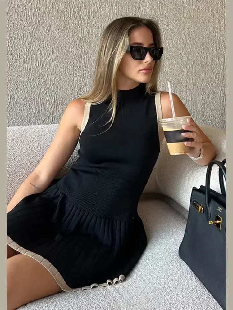 Placage Mingxi-Mini robe noire sexy à col montant pour femmes, ourlet vintage, vêtements de fête déc