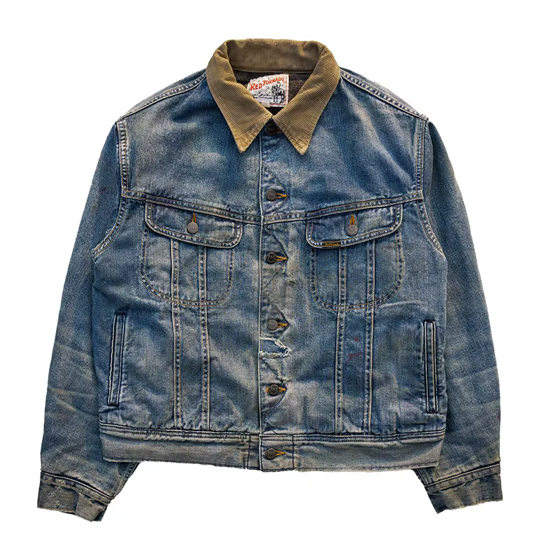 Veste en jean délavé Red Tornado avec doublure en tissu, style vintage, coupe courte, style motard, 