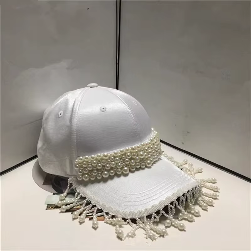 Casquette de baseball chic pour femme, tendance printemps 20207-shi, avec pompon et perles, en satin