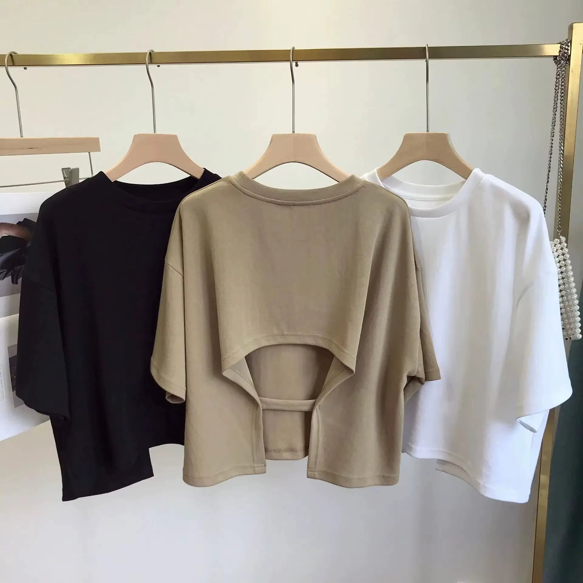 T-Shirt court dos nu pour femmes, col rond, manches amples, chemise de Base ajourée, Style décontrac