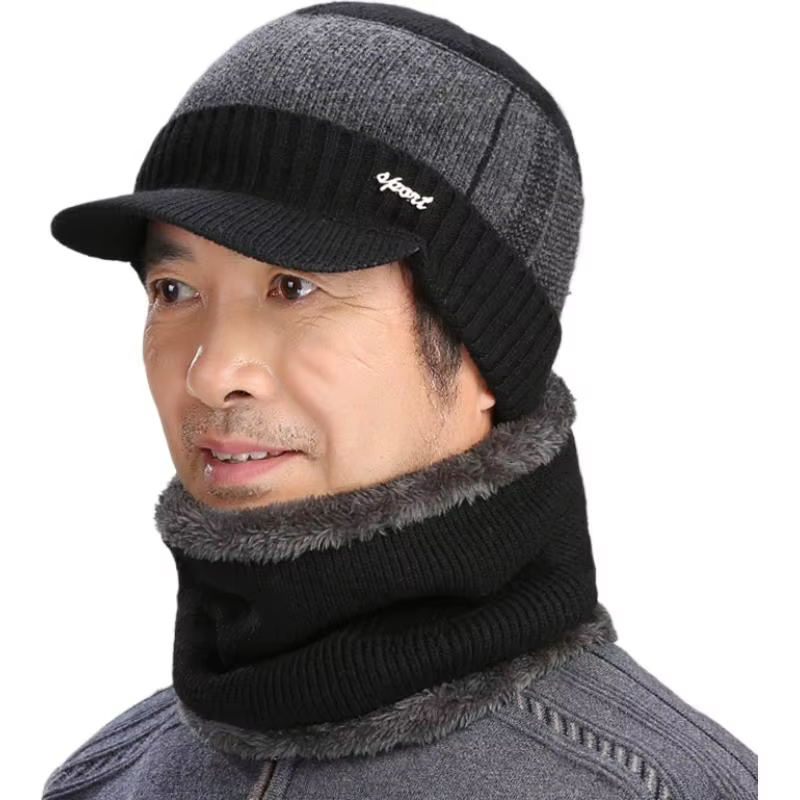 Casquette de baseball tricotée à oreillettes pour hommes, ensemble écharpe et chapeau en velours ave