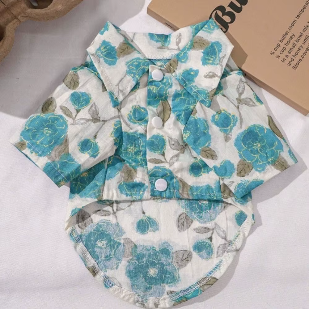 T-shirt pour chien et chat à motif floral, style décontracté, en tissu doux et respirant, col chemis