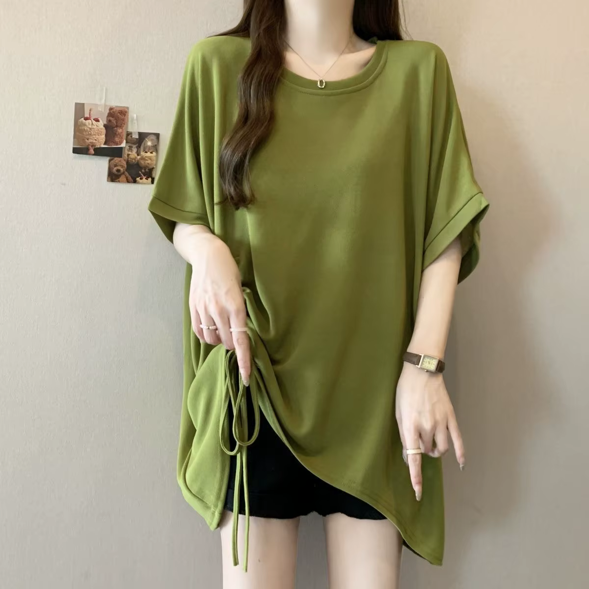 T-shirt à manches courtes pour femme grande taille, design tendance avec cordon de serrage, nouvelle