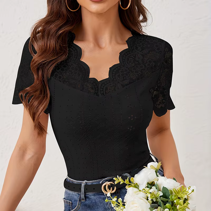 Femmes élégantes à manches courtes T-shirt femme col en V dentelle t-shirts pour femmes T-shirt déco