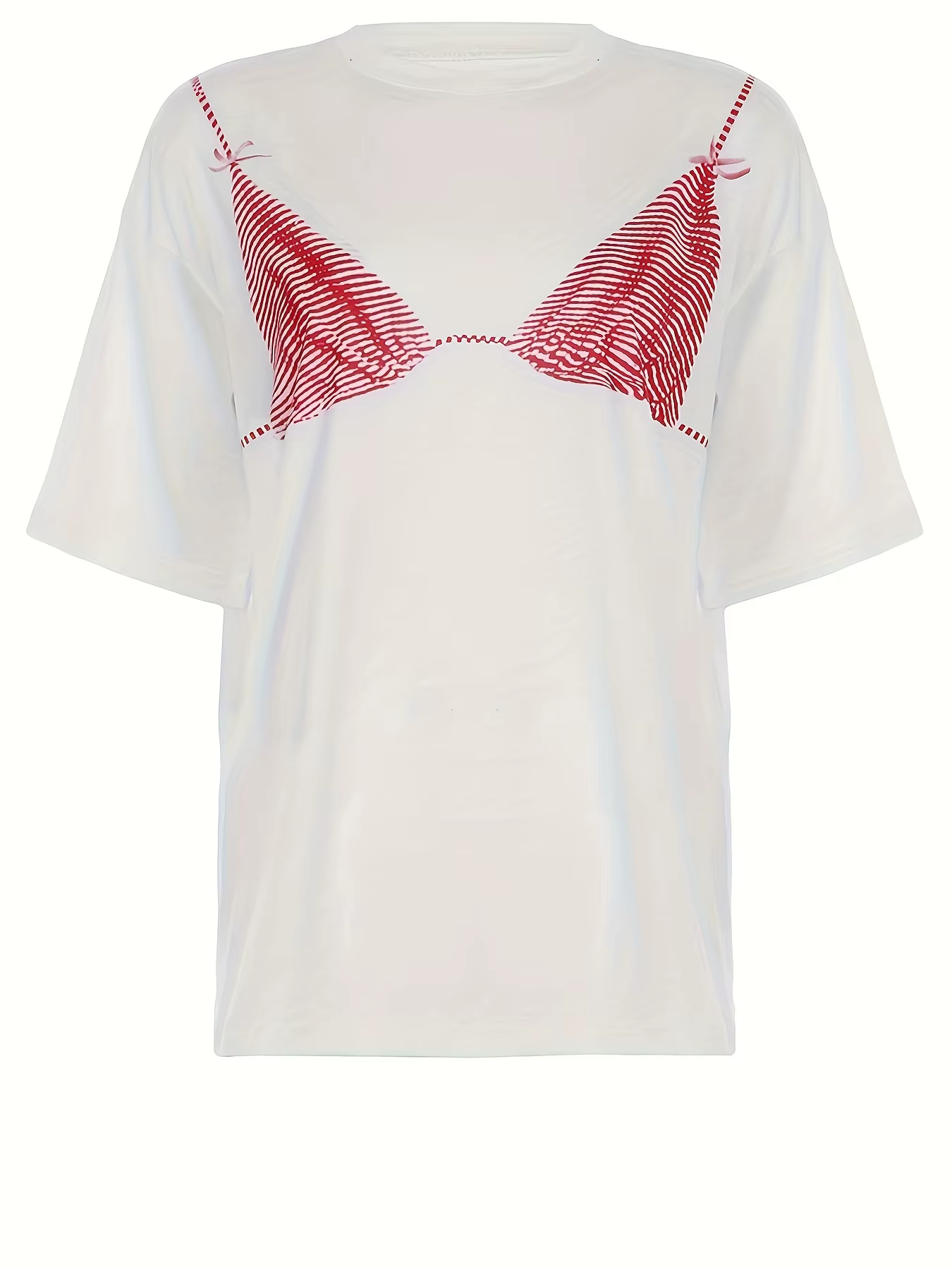 T-shirt à manches courtes et col rond imprimé bikini rose, style à la mode, adapté aux vêtements déc