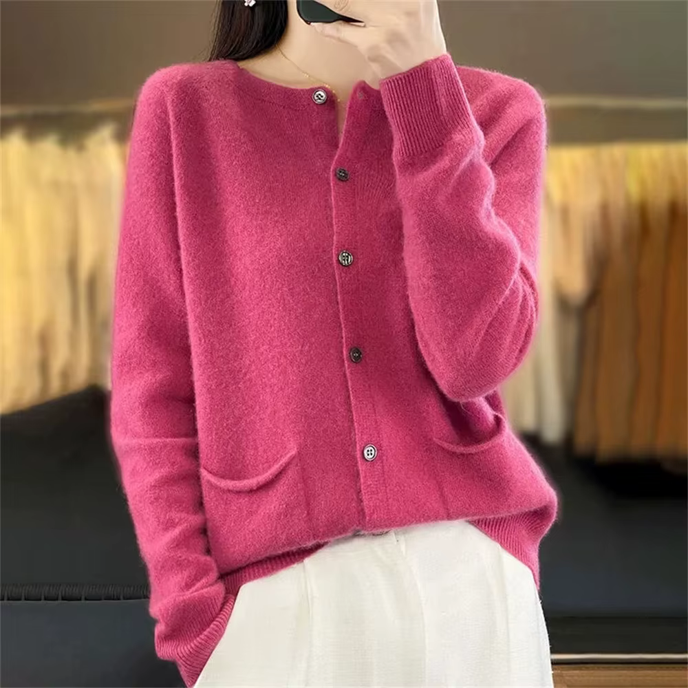 Cardigans en laine mérinos pour femmes, pull en cachemire, col rond, manches longues, tricot, vêteme