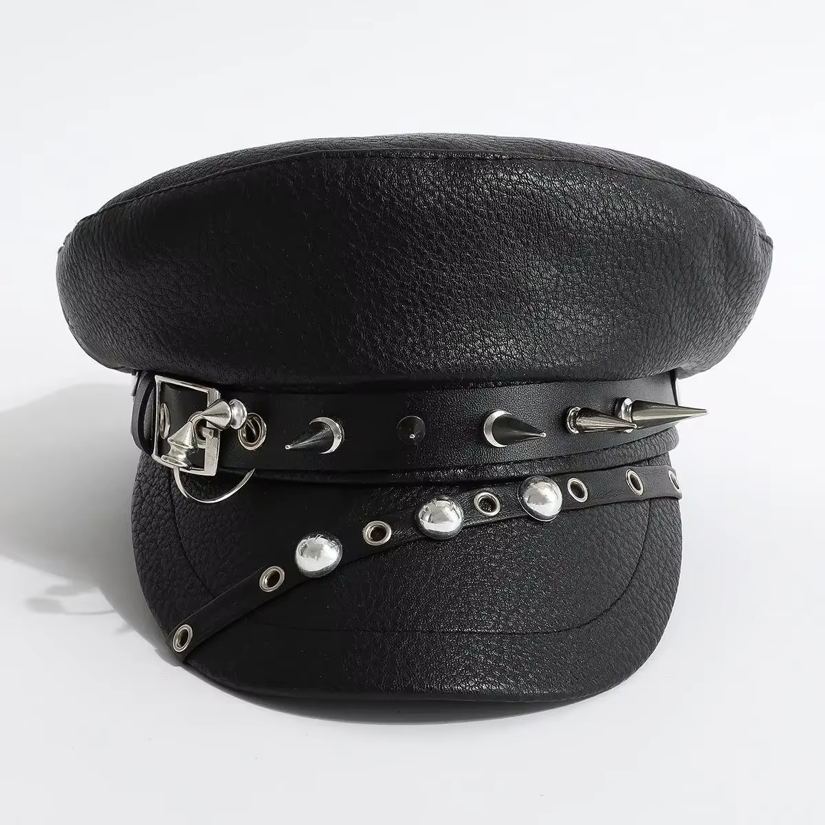 Casquette militaire en PU noir, béret coupe-vent, casquette skinny, spectacle de rivets en cuir, nou