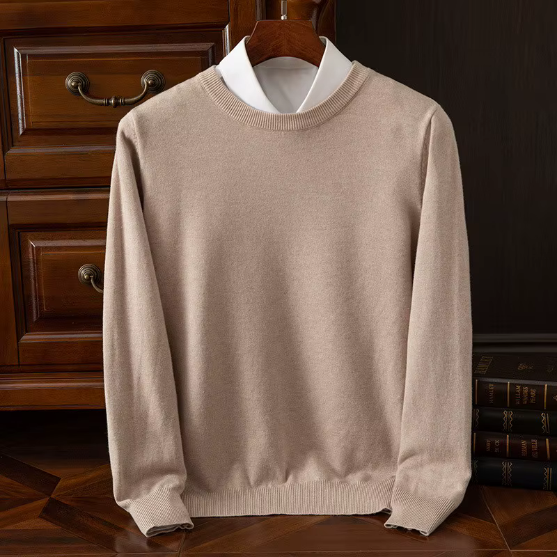 Pull en laine mérinos pour homme, col rond, épais, doux, chaud, décontracté, couleur unie, tricoté, 