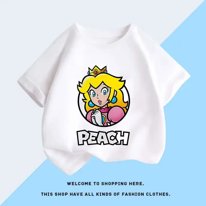 T-shirt Super Mario à manches courtes pour enfants, 100% coton, hauts à col rond pour garçons et fil