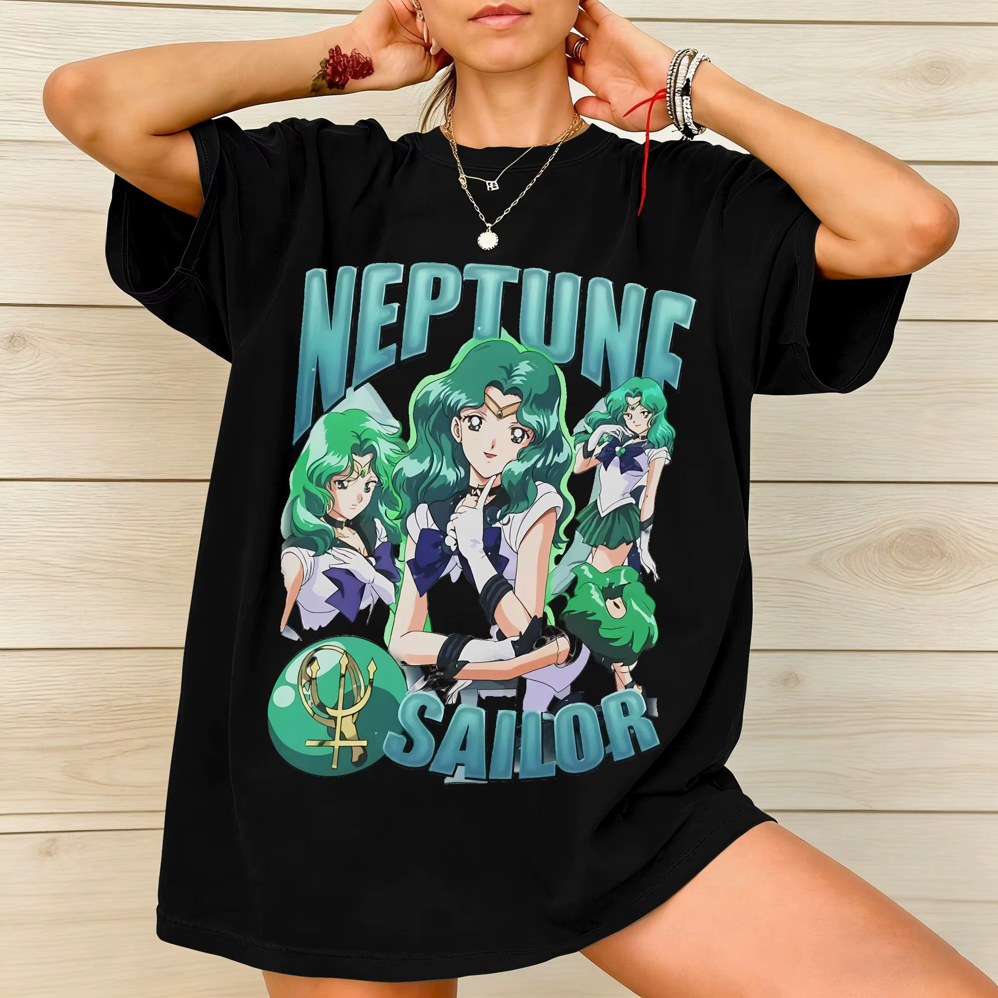 T-shirts Sailor Moon Neptune délavés, streetwear, hip hop, vintage, pour hommes et femmes, manches c