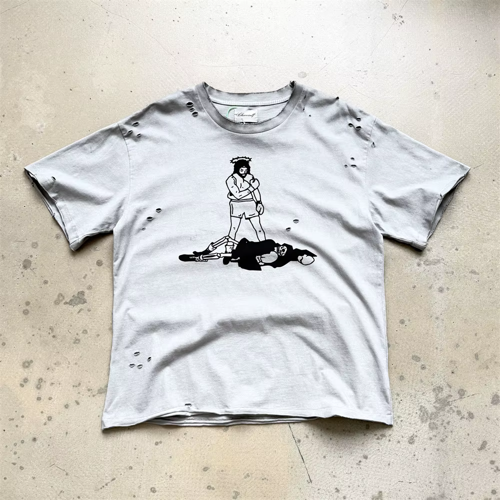 T-shirts vintage délavés imprimés Hole Boxer pour hommes et femmes – Qualité supérieure
