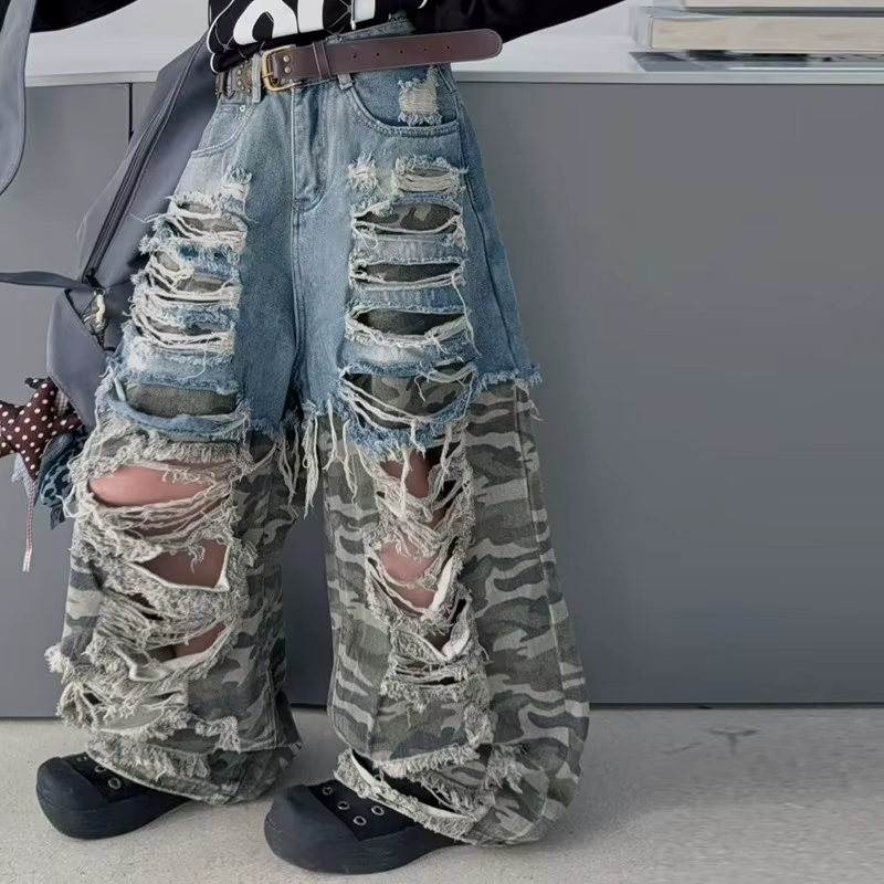 Jean camouflage à grandes déchirures pour adolescentes, style hip-hop jazz, pantalon large pour enfa