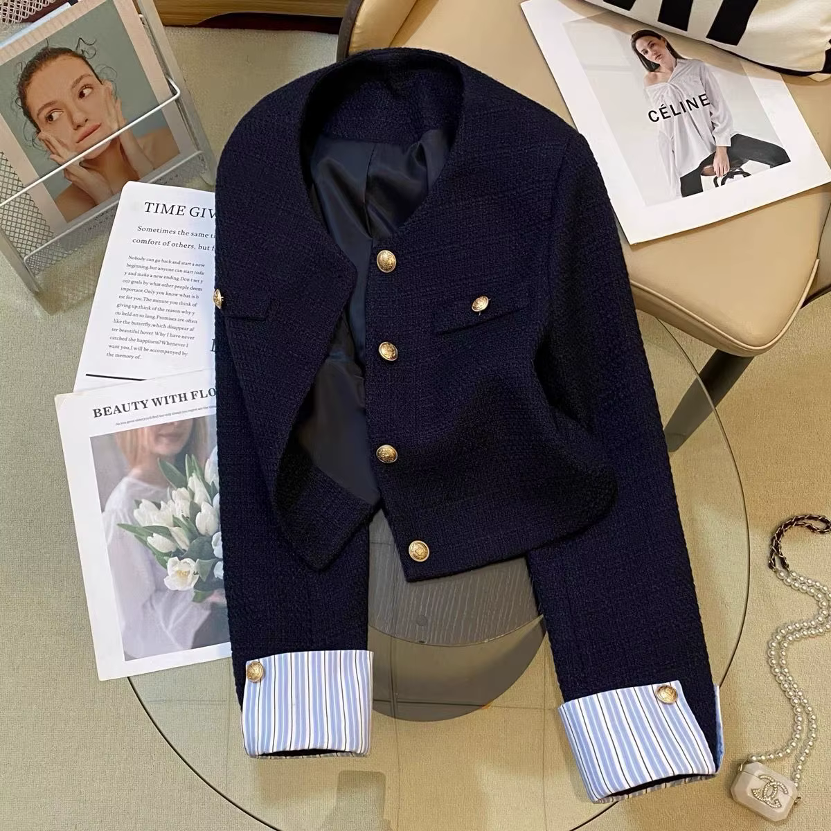 Veste de costume bleu marine style petite fragrance pour femme, nouvelle collection printemps-automn
