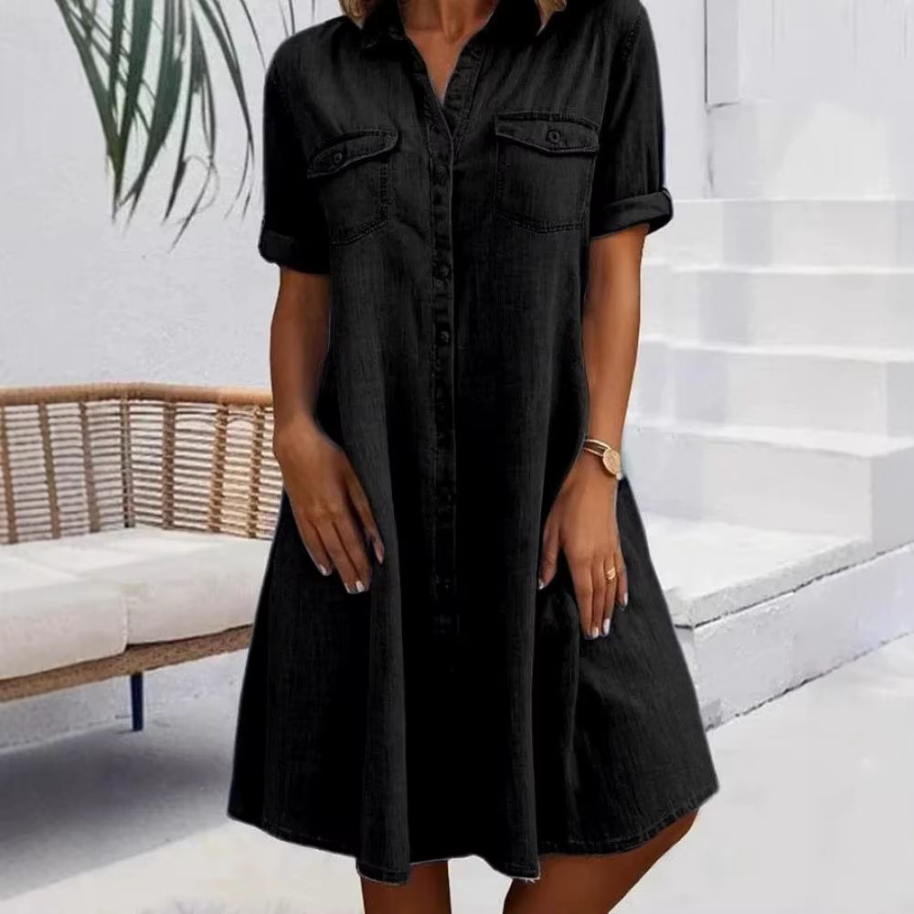 Robe chemise en jean pour femme, décontractée, à manches courtes, boutonnée, avec poches, coupe ampl