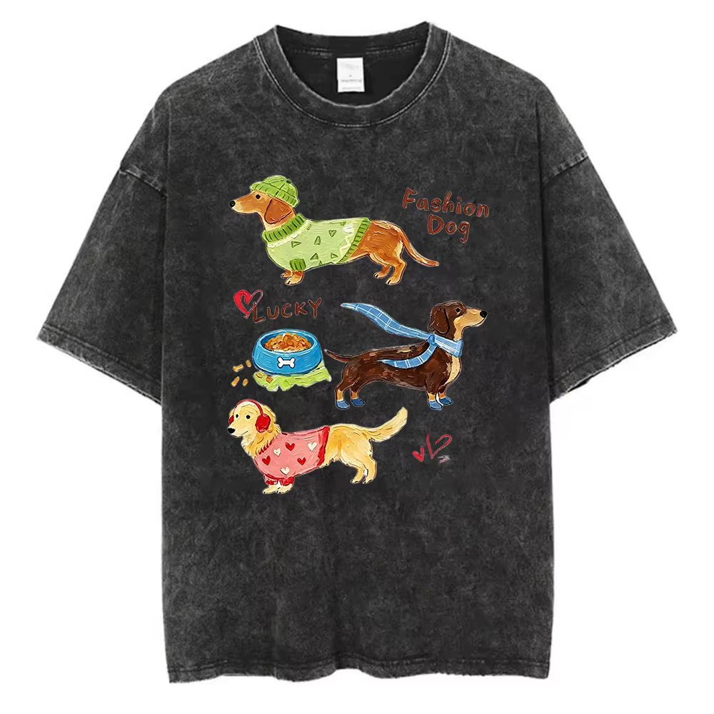 T-shirt délavé à motif Teckel pour femme, imprimé chiot dessin animé, style vintage Harajuku streetw